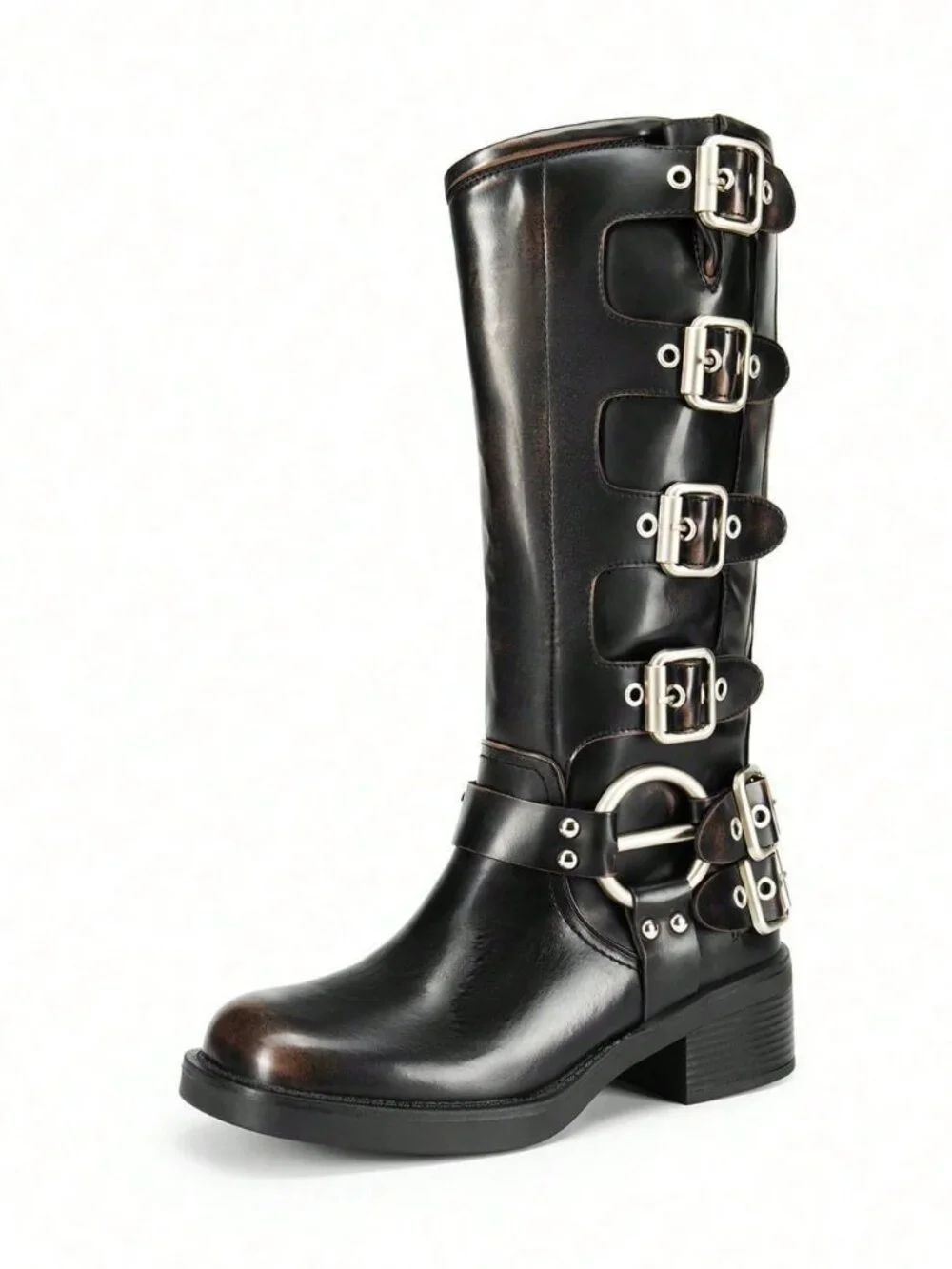 Sexy Women's Slip On Square Toe Chunky Heel Classic Metallic Buckles Motorcycle